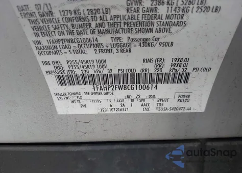 2012 Ford Taurus Limited z USA, uszkodzony, nr VIN 1FAHP2FW8CG100614